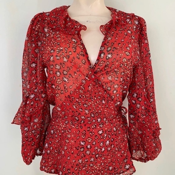 Zara Red Animal Print Sheer Flowy Ruffle Trim Wrap Blouse Top sz Small - Picture 5 of 8